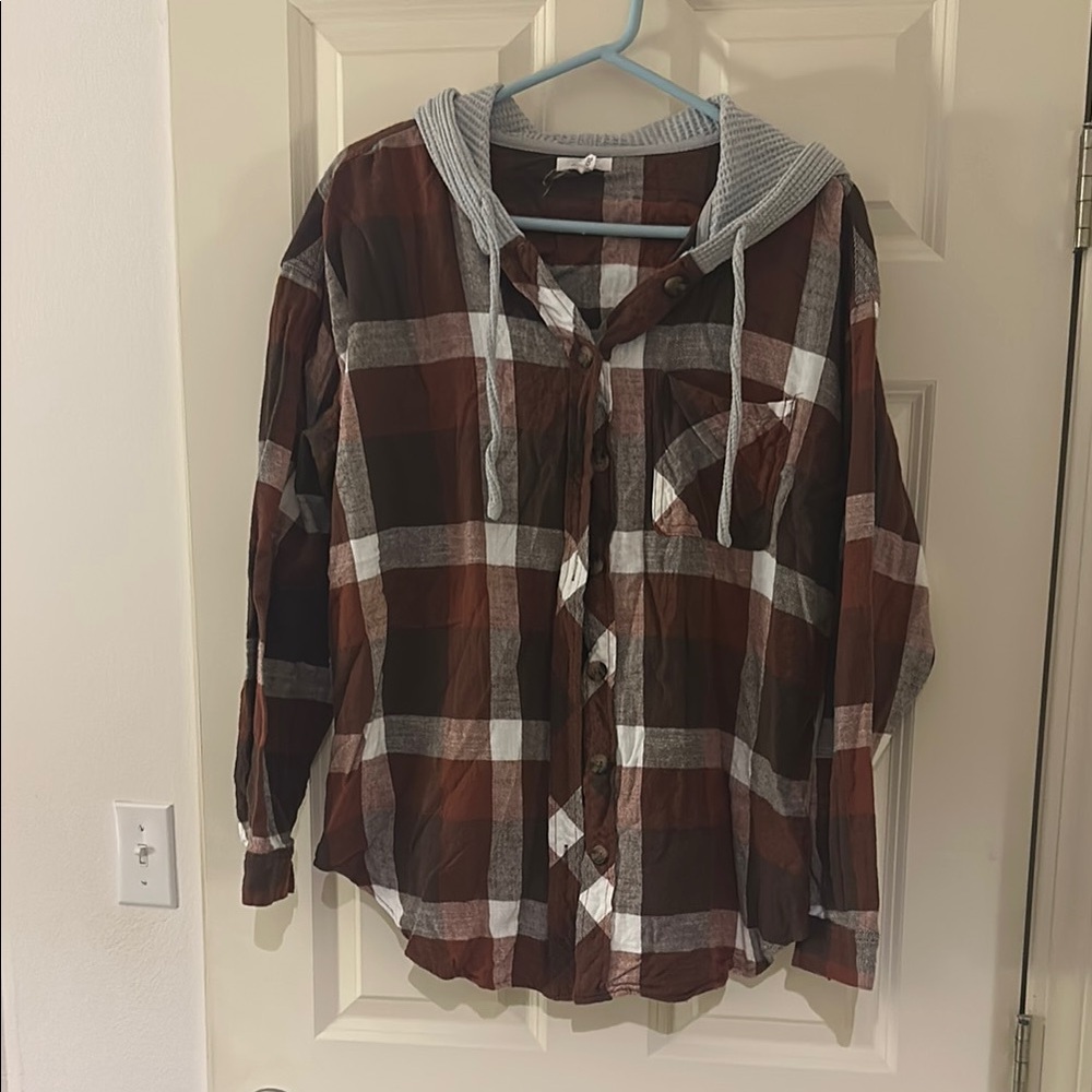 Plaid Flannel Button-Up Hoodie Shirt